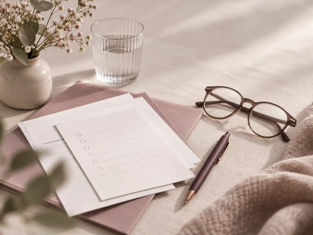 Checkliste, Brille, Stift und ein Glas Wasser auf einem Tisch
