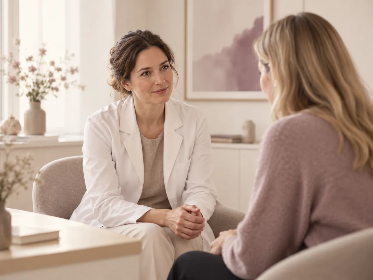 Ärztin und Patientin sitzen sich in einem hellen Raum gegenüber und sprechen