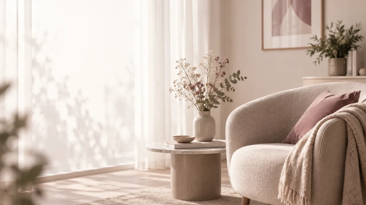 Heller Sitzbereich mit Sessel, Beistelltisch und Trockenblumen im warmen Licht